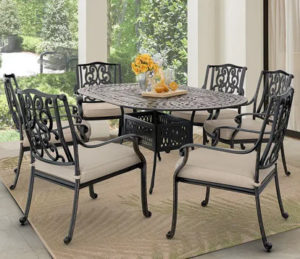 wrought iron dining group with bone cushions