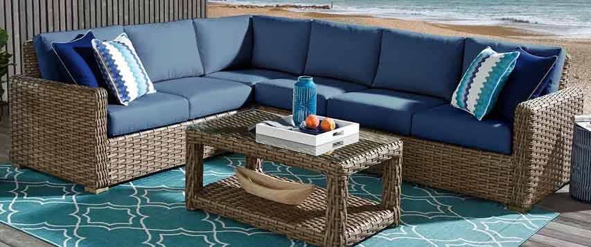 Beachy sectional set in navy, white and aqua.
