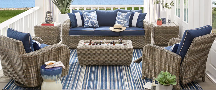 Blue and white wicker seating set