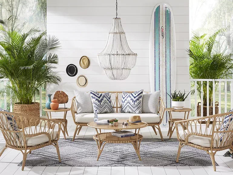 Relaxed boho porch design with beachy vibe
