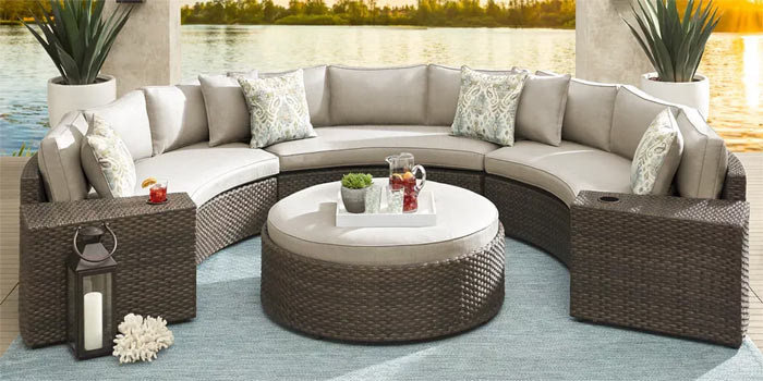 Curved white wicker sectional