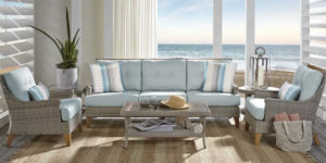Light blue and gray wicker patio seating set