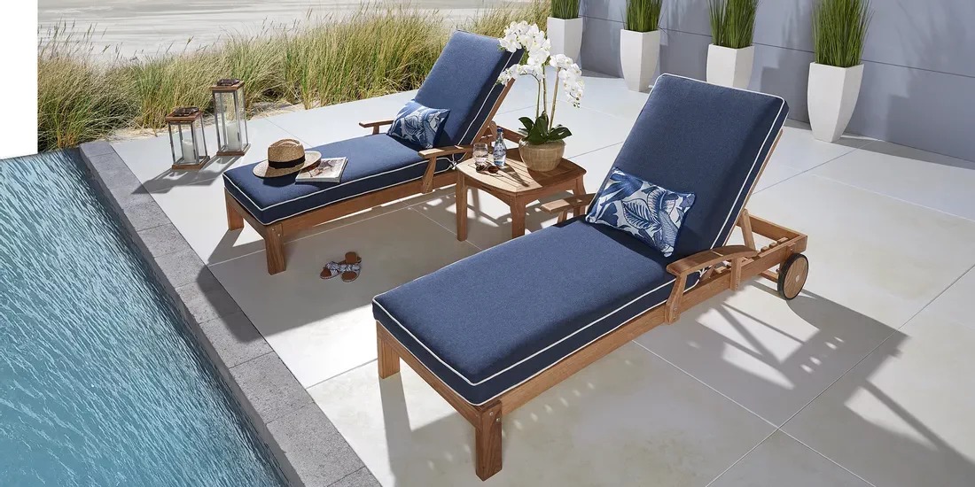 Pleasant Bay Teak Tan Outdoor Chaise With Denim Cushions, Set Of 2