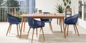 Patio dining set with blue chairs