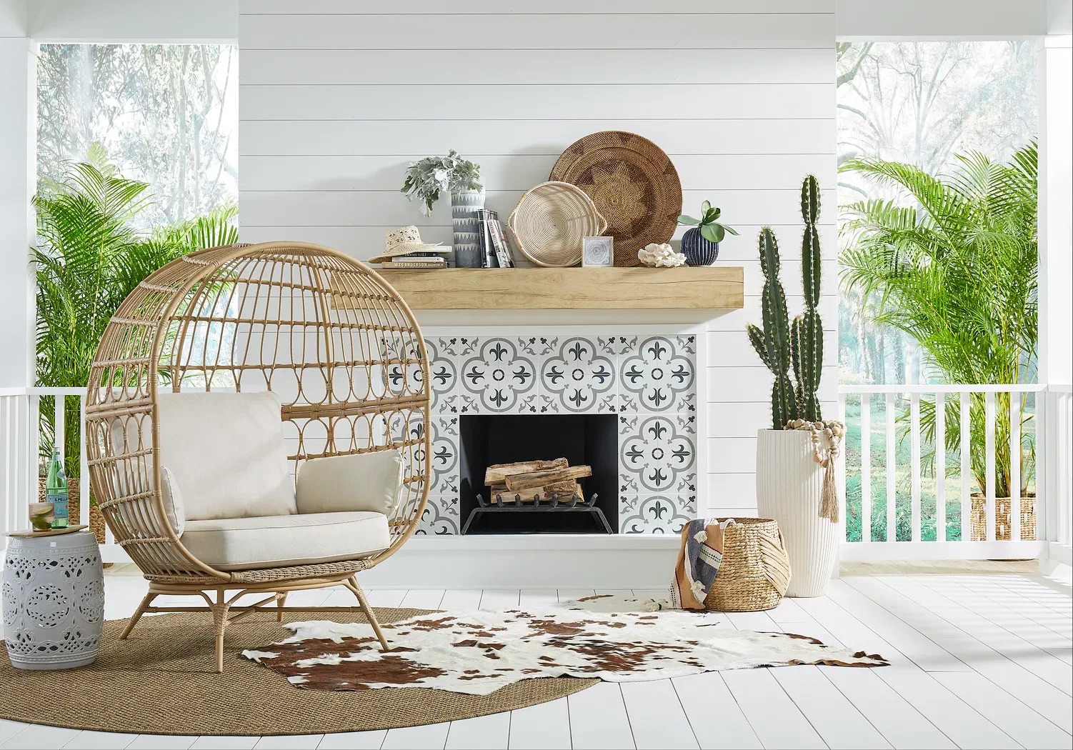 white egg chair with wicker frame