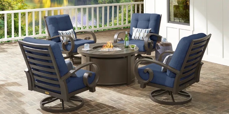 Blue outdoor seating set with a firepit