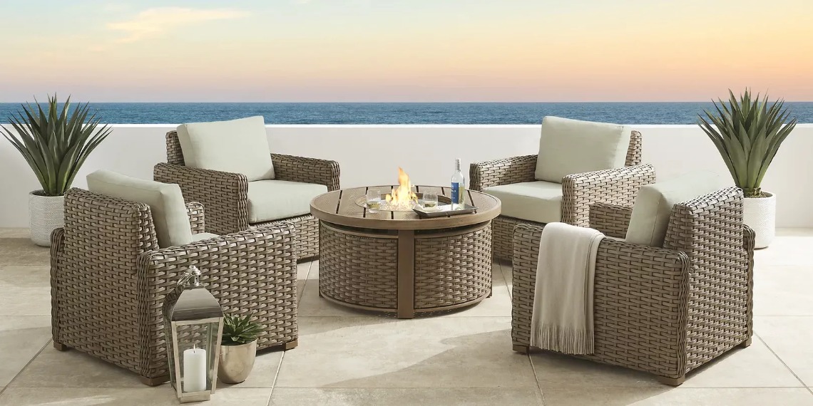Brown and tan fire pit seating set