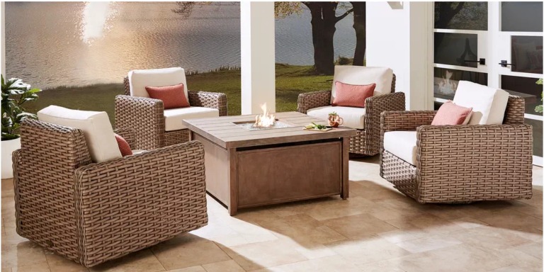 Brown and tan square fire pit seating set