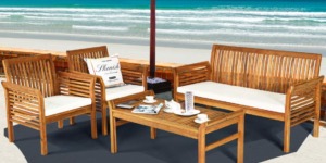 Wood patio furniture with white cushions