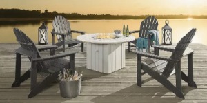 Image of an intimate fire pit with adirondack chairs