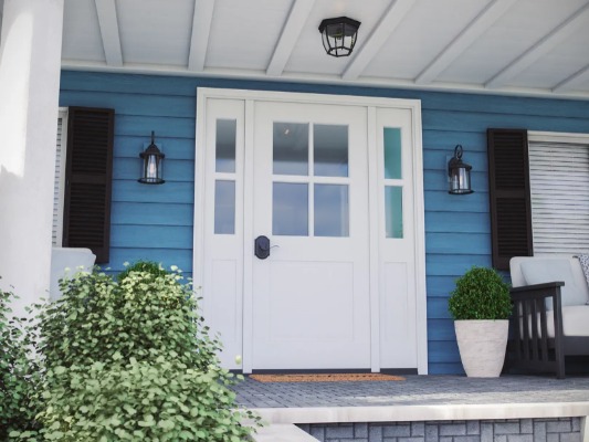 Image of a blue house with black sconces